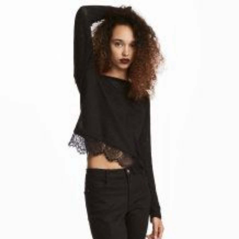 NEW H&M Fine knit Lace trimmed Sweater Black M